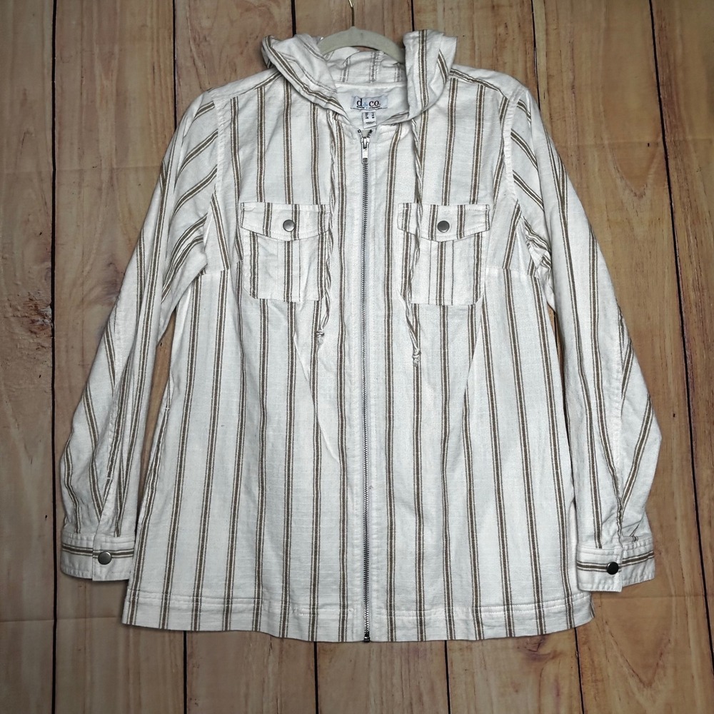 Denim & Co Jacket Womens Small White Tan Striped Hooded Full Zip Coastal Utility